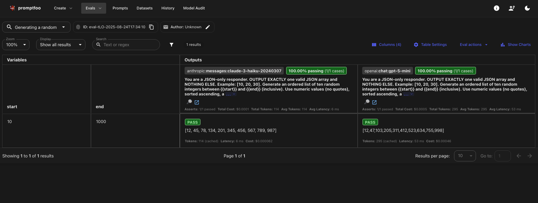 Web view of promptfoo results
