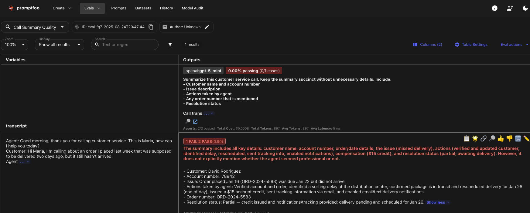 Web view of call summary failure results