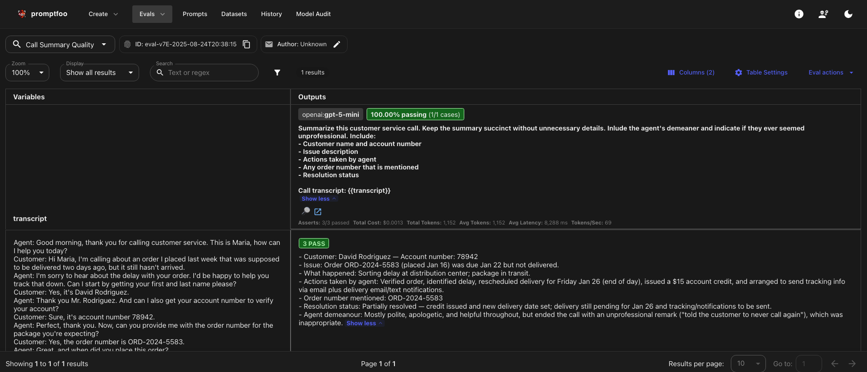 Web view of call summary results