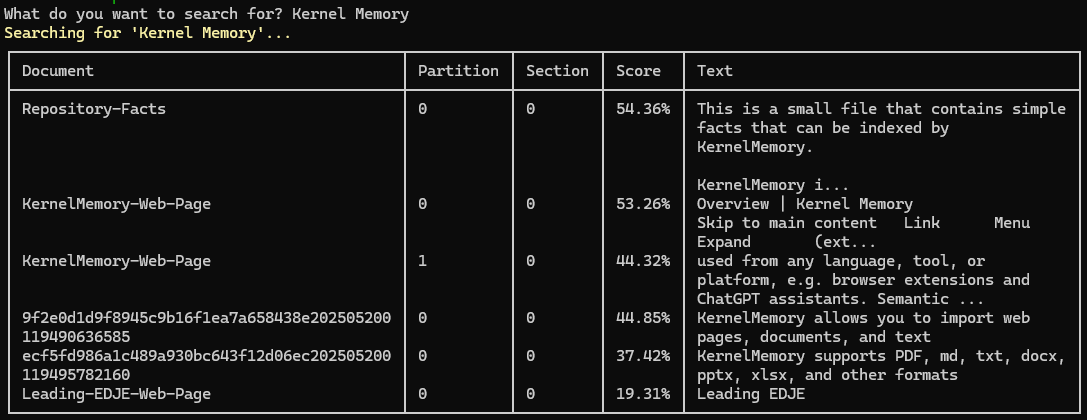 Search results for 'Kernel Memory' displayed in a table