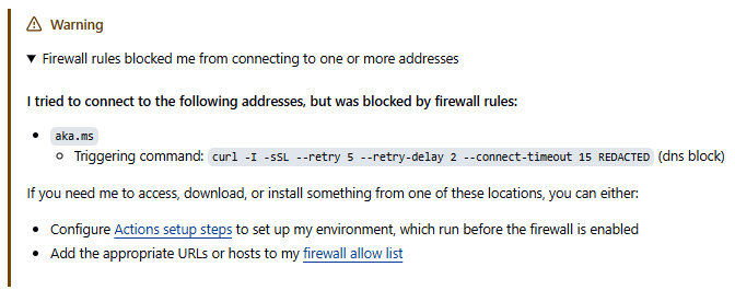 GitHub highlighting firewall rules that triggered during agent execution