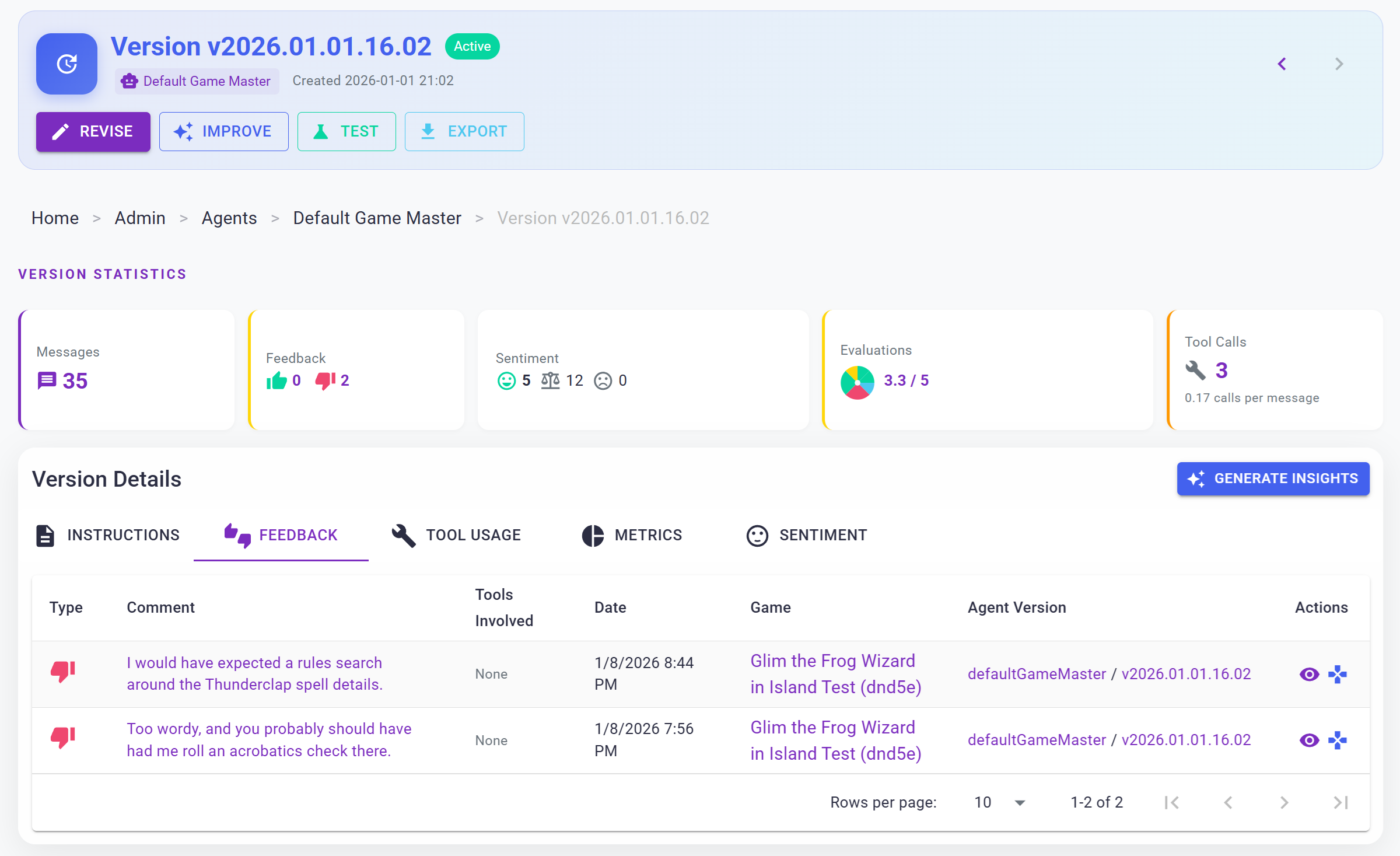 User feedback for agent performance