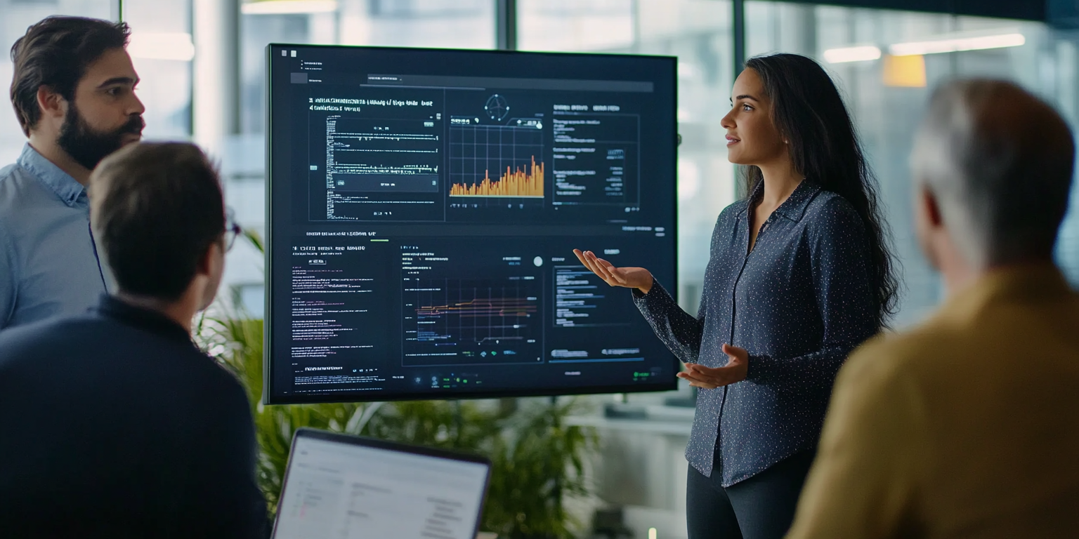 A female engineer presenting metrics from an AI prototyping project to a group of executives