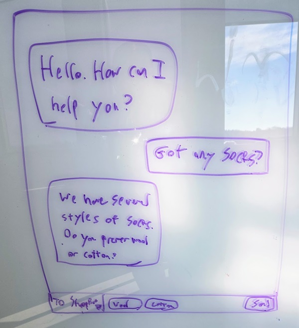 A whiteboard sketch of a conversational AI system