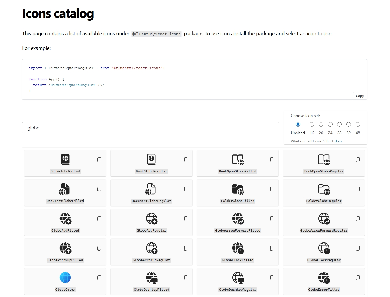 Fluent UI icons catalog with globe search