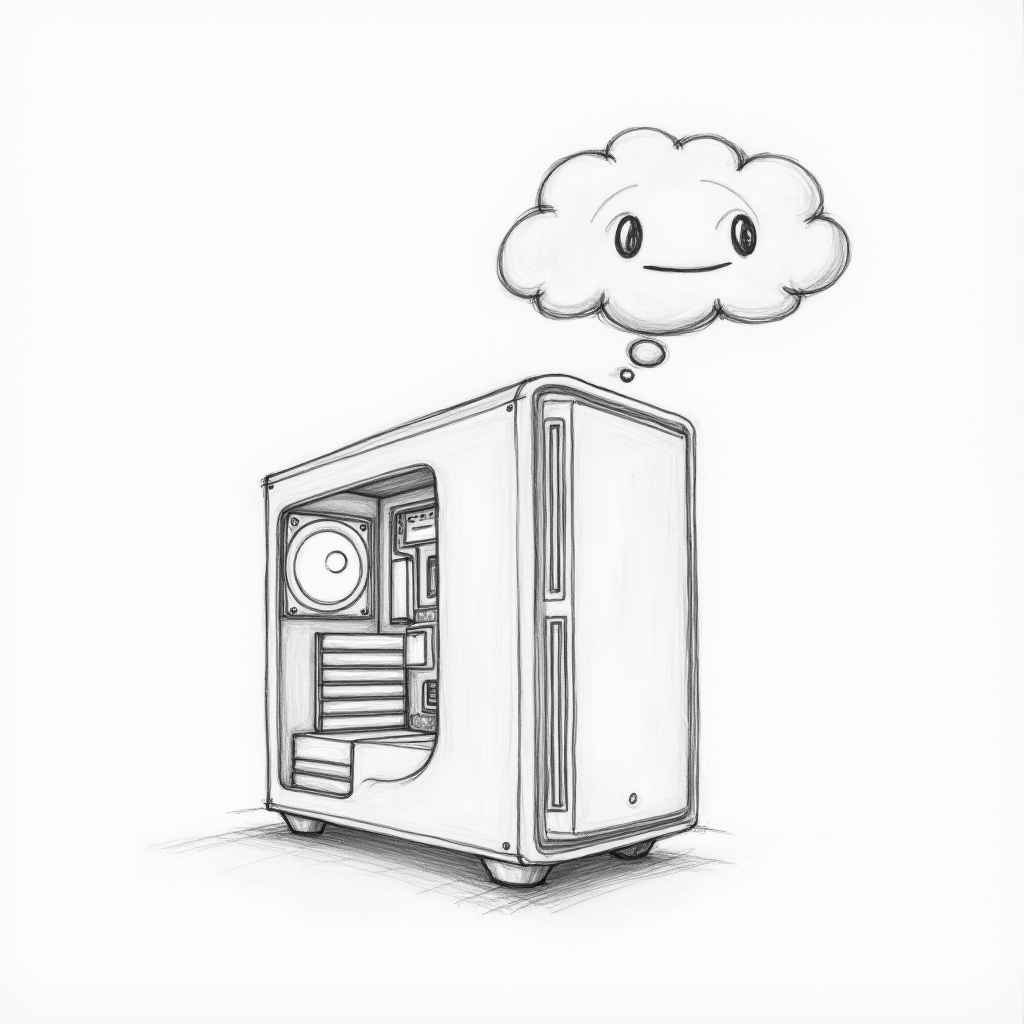 An AI-generated engineering sketch of a gaming PC running a local AI agent.