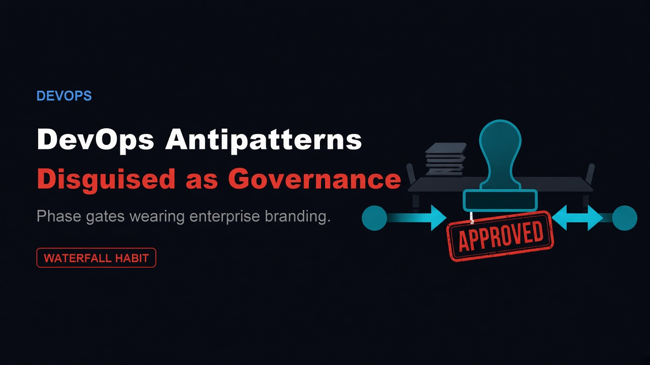 Dark blog banner with title DevOps Antipatterns Disguised as Governance beside a teal delivery pipeline blocked by a red APPROVED rubber-stamp gate.