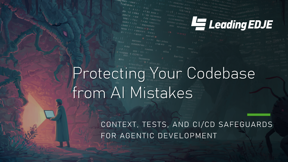 Talk title slide reading 'Protecting Your Codebase from AI Mistakes' with a developer holding a laptop facing giant insect-like creatures in a cavern of code