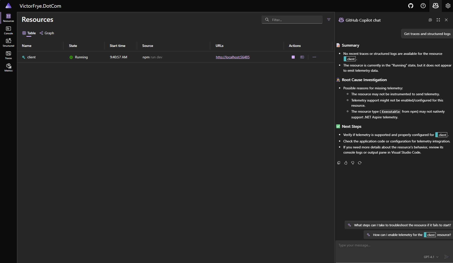 A screenshot of the .NET Aspire dashboard with GitHub Copilot. Copilot shows a question asked for "get traces and structured logs" and responds with a summary of the findings, a root cause investigation to issues found, and suggested next steps.