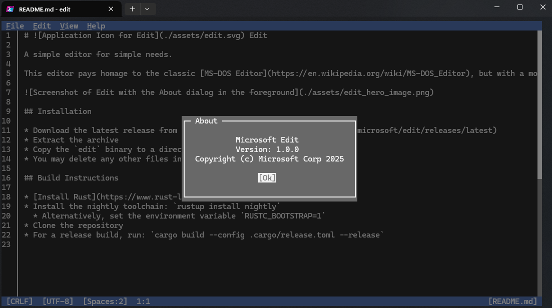 A screenshot of Edit running in Windows Terminal. The README for the project is opened along with the About dialog in the foreground showing the name "Microsoft Edit" and version "1.0.0" information.