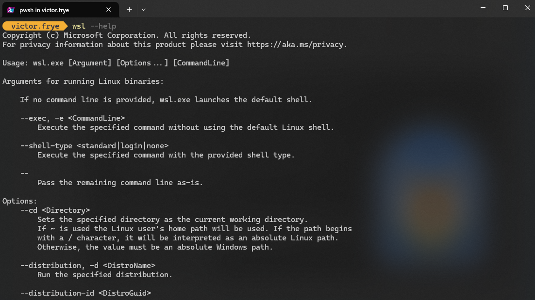 A screenshot of wsl CLI in Windows Terminal after the help argument was provided.