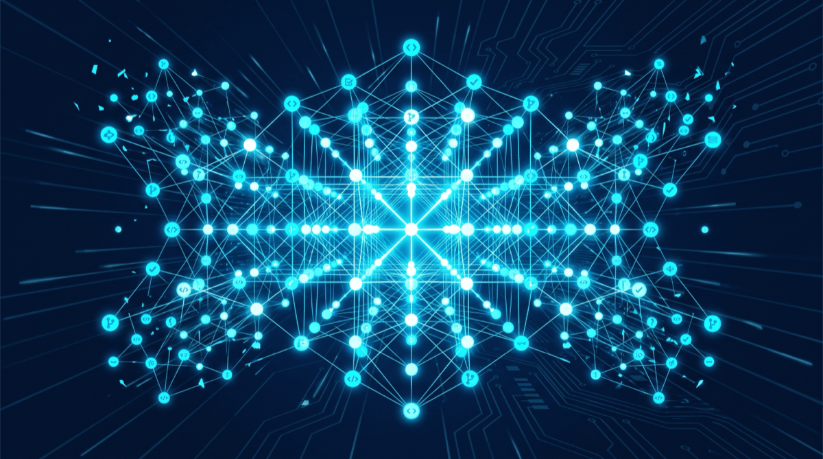 Glowing network of connected nodes marked with code, branch, and checkmark icons, radiating from a bright central point over a dark circuit-board background