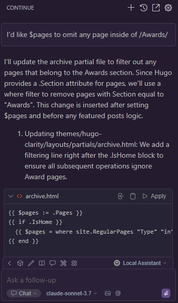 Continue.dev in action, hosted in VS Code