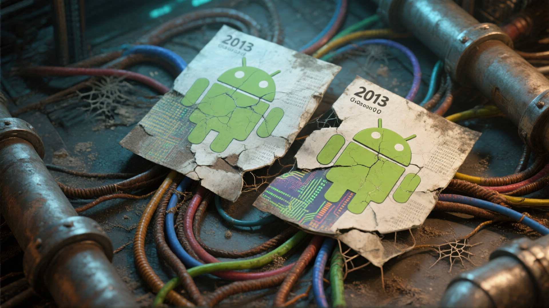 An AI generated image of two weathered, torn 2013 Android posters lying among cables and pipes.
