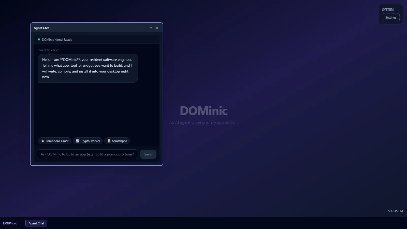 The DOMinic agentic browser OS desktop running in a browser tab with a taskbar and the default agent chat window.